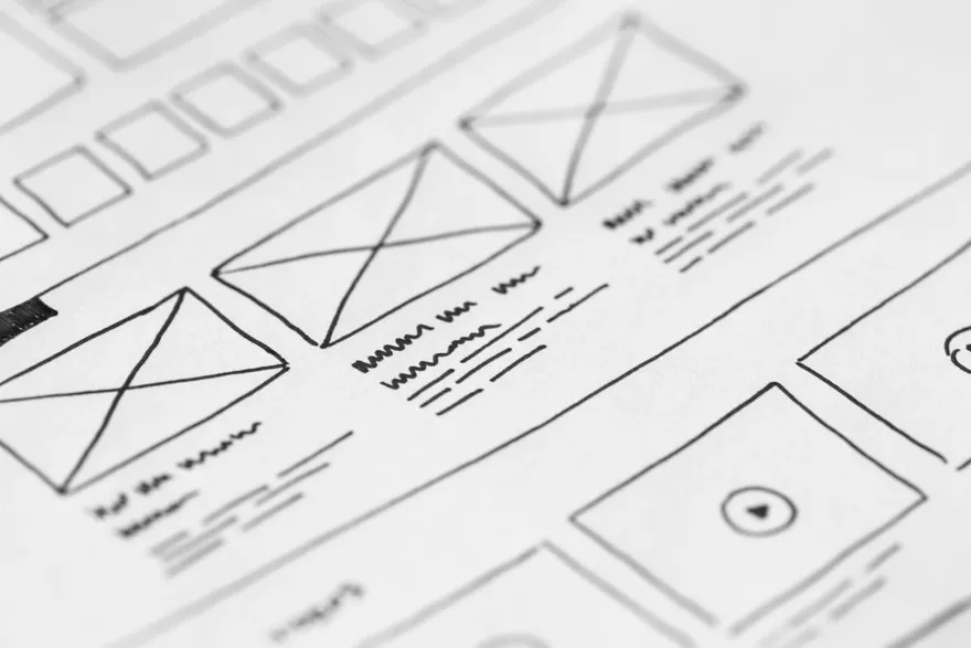 Hand-drawn wireframe sketches of a web layout